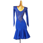 Blue amber stone latin dance dress angled view showing the fluted hem