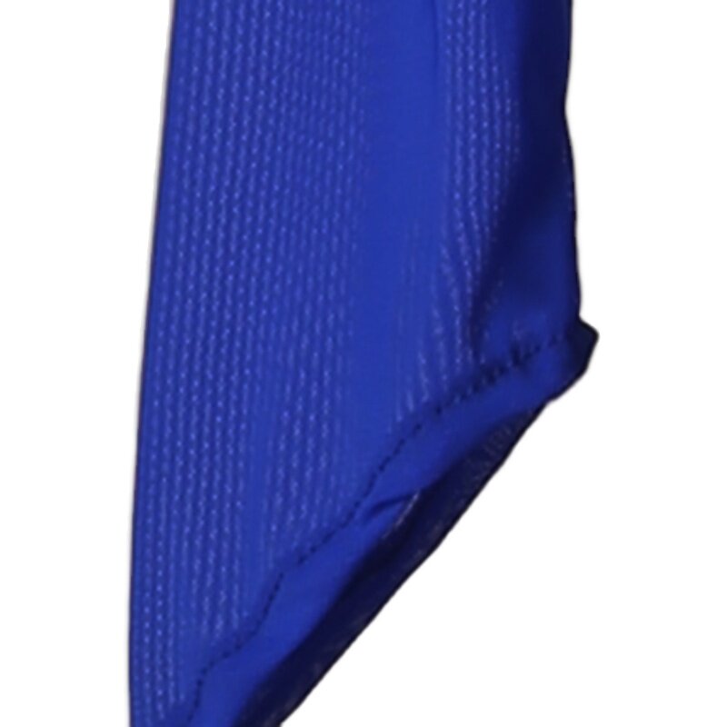 Close view of the blue fluted hem on the flared skirt