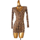 Leopard print latin dance dress with beaded neck tie and long sleeves