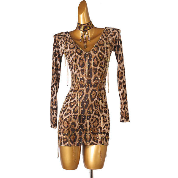 Leopard print latin dance dress with beaded neck tie and long sleeves