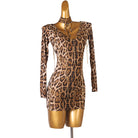 Leopard print latin dance dress angled view showing the fitted mini skirt