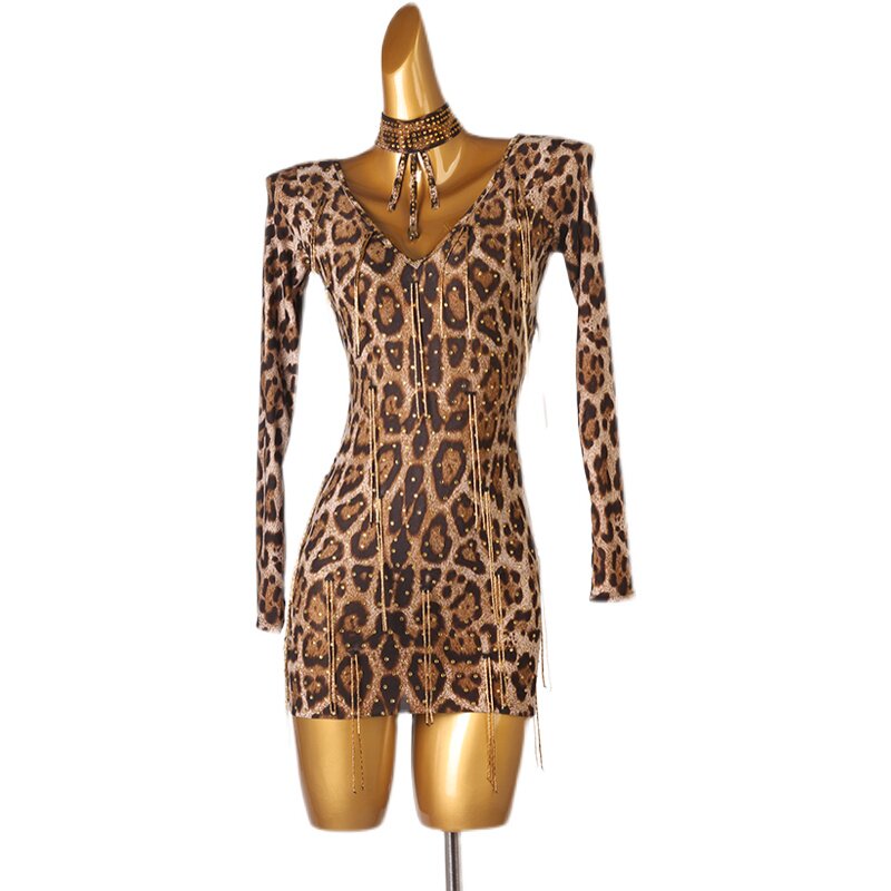 Leopard print latin dance dress front view with the V neckline