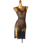 Black lace latin dance dress angled view showing the side slit and fringe