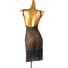 Black lace latin dance dress side view with the sheer waist band