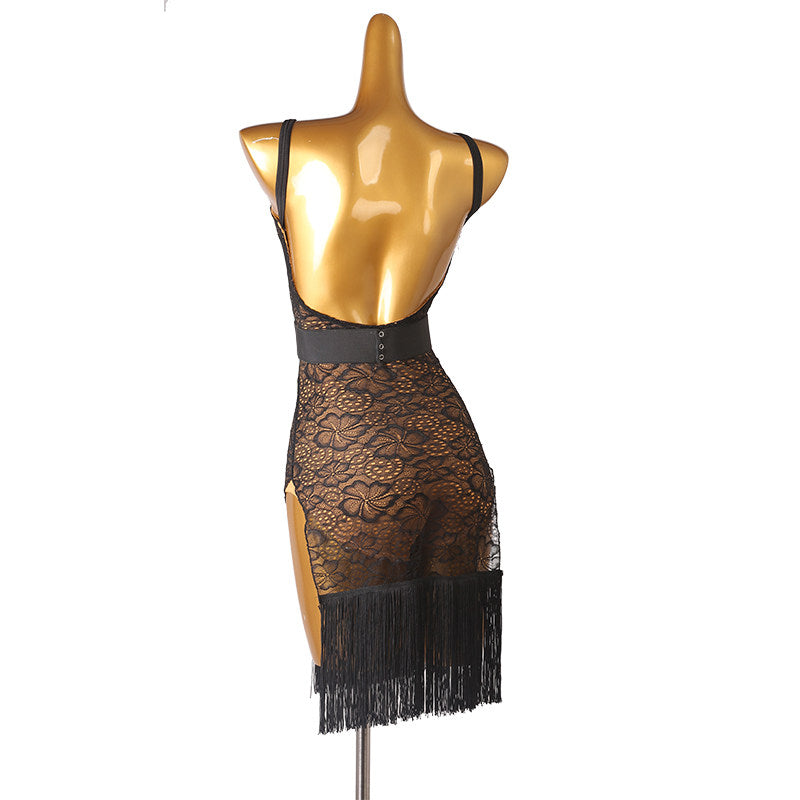 Black lace latin dance dress rear view showing the open lace back