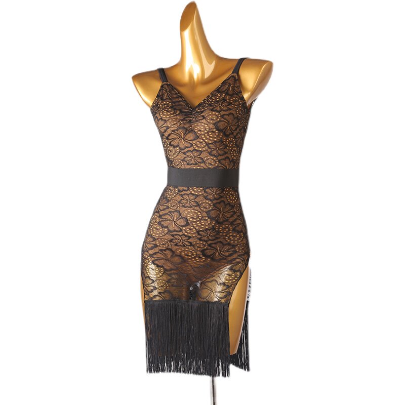 Black lace latin dance dress front view with the wide straps