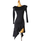 Black latin dance dress with boat neckline and pleated cascade at the hip