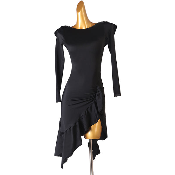 Black latin dance dress with boat neckline and pleated cascade at the hip