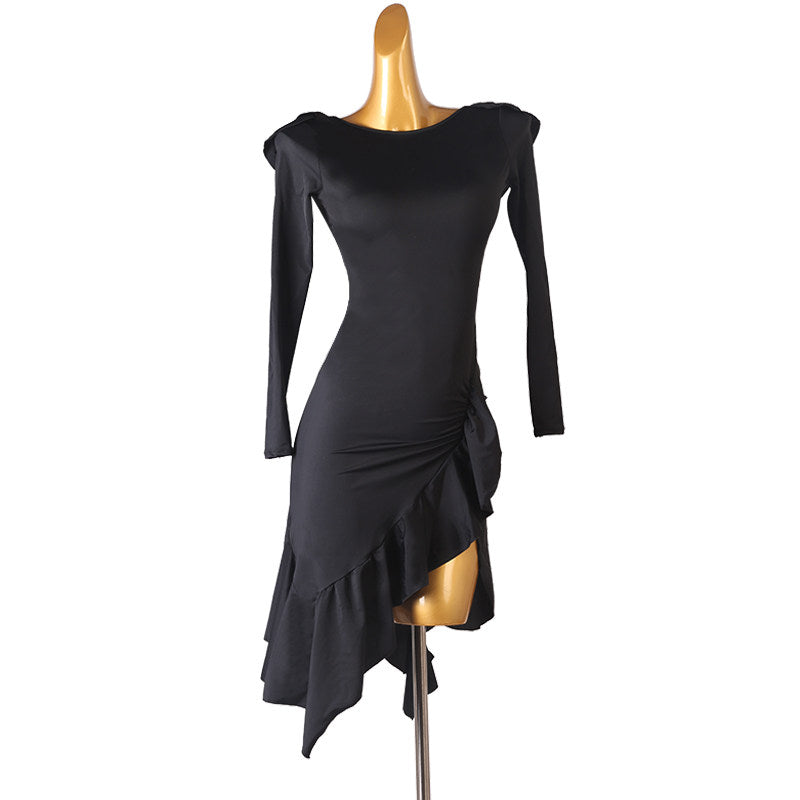 Black pleated cascade latin dance dress angled view showing the swing