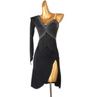 Black crossed fringe latin dance dress angled view showing the high slit