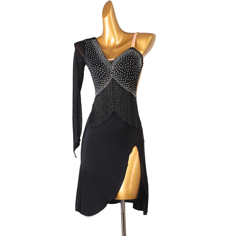Black crossed fringe latin dance dress angled view showing the high slit