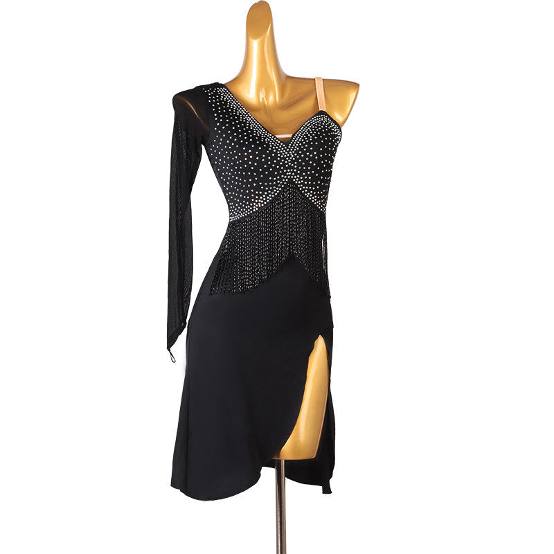 Black crossed fringe latin dance dress side view with the mesh sleeve