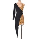 Black latin dance dress with nude stone covered panel down one side