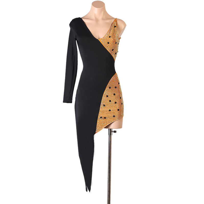Black and nude stone panel latin dance dress side view showing the sleeve
