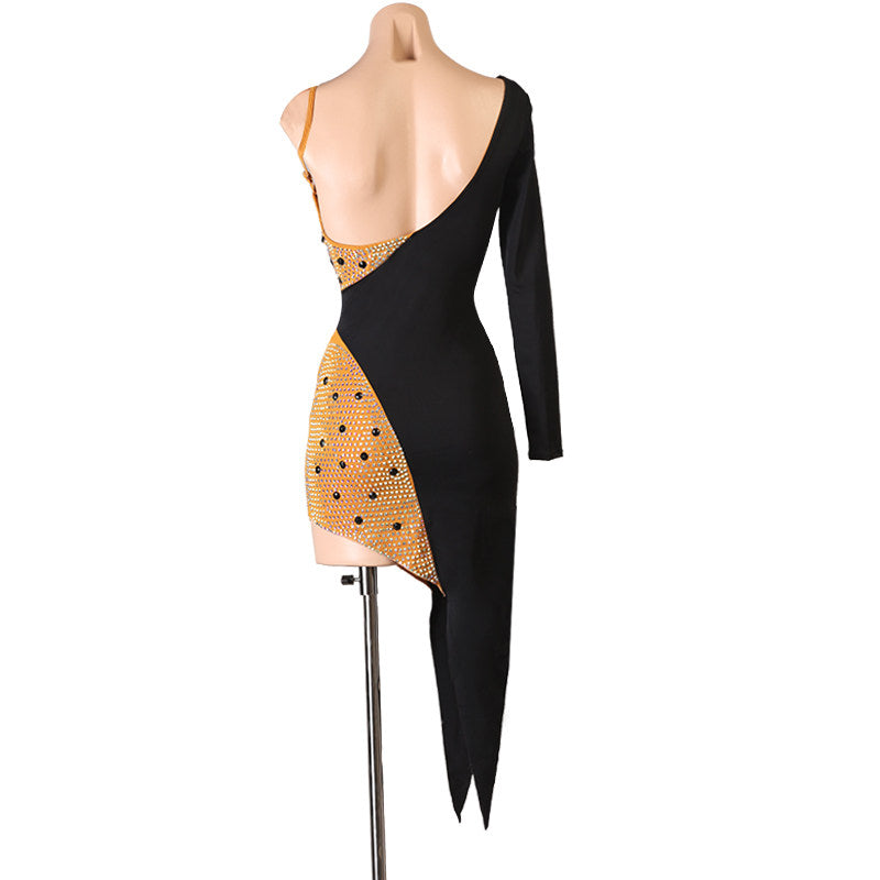 Black and nude stone panel latin dance dress rear view with the open back