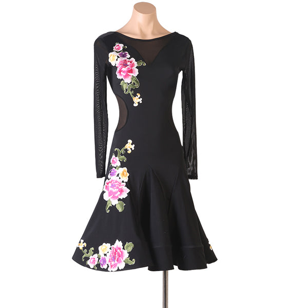 Black latin dance dress with raised peony embroidery and sheer mesh yoke