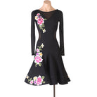 Black peony embroidery latin dance dress angled view showing the fluted hem