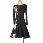 Black peony embroidery latin dance dress side view with the mesh panel