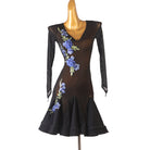 Sheer black latin dance dress with blue rose embroidery and fringe sleeves