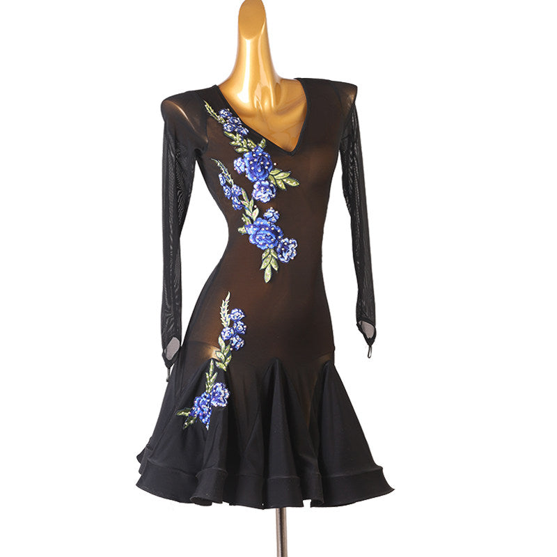 Blue rose embroidery latin dance dress angled view showing the fringe sleeve