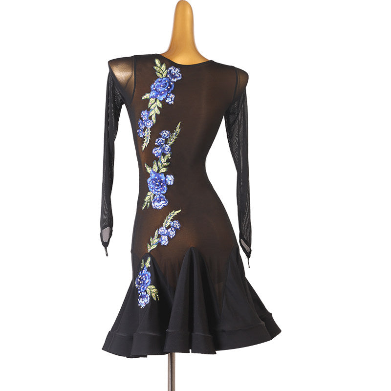 Blue rose embroidery latin dance dress side view with the fluted skirt