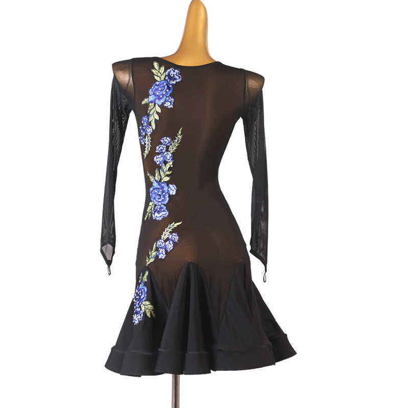 Blue rose embroidery latin dance dress rear view showing the sheer back