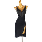 Black latin dance dress with bugle bead fringe and stone scattered body