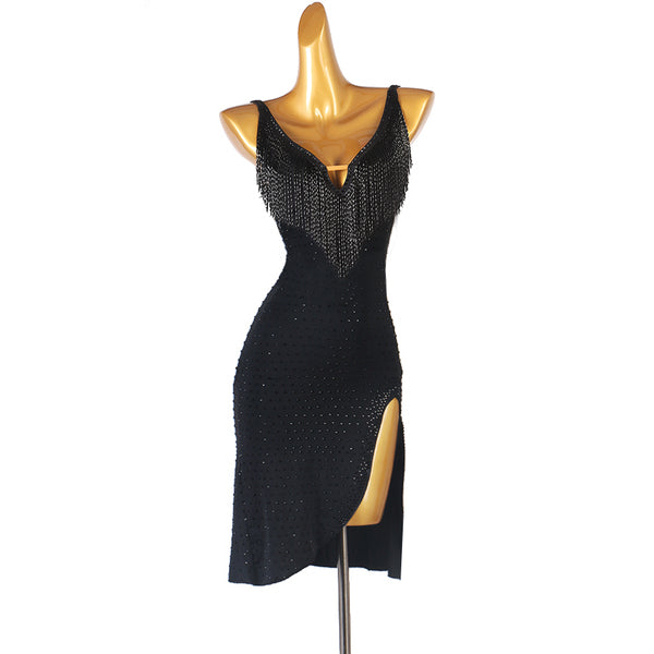 Black latin dance dress with bugle bead fringe and stone scattered body