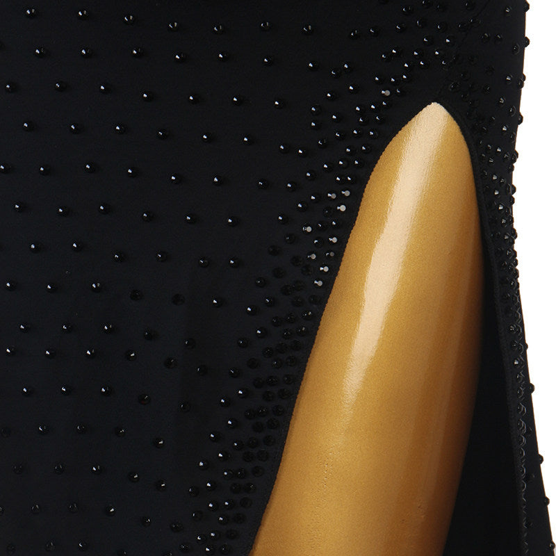 Close view of the stones scattered across the black skirt