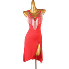Red latin dance dress with bugle bead fringe and high side slit