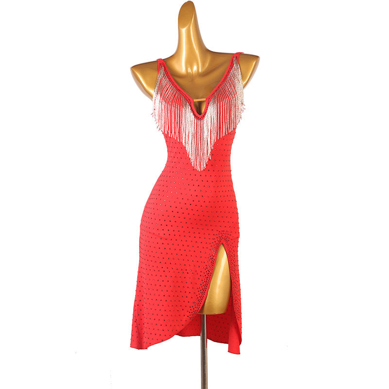 Red latin dance dress with bugle bead fringe and high side slit