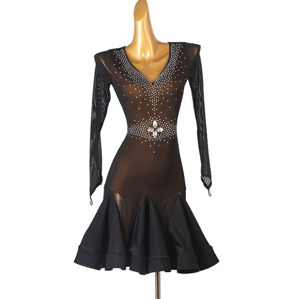 Sheer black latin dance dress with scattered stones and crystal waist motif