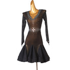 Sheer stone latin dance dress angled view showing the fluted skirt