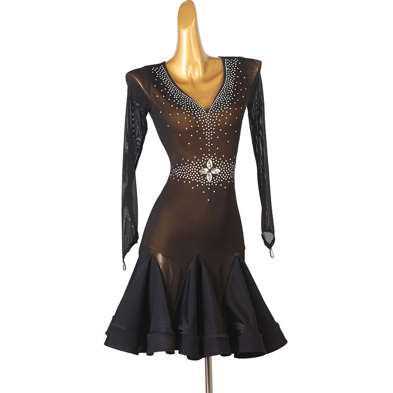 Sheer stone latin dance dress side view with the mesh sleeves
