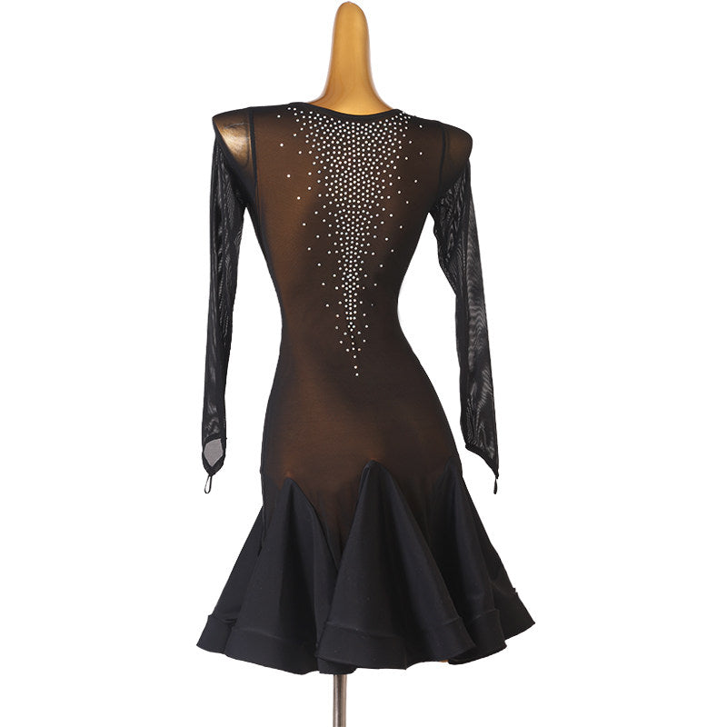Sheer stone latin dance dress rear view showing the sheer mesh back
