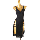 Black latin dance dress with ladder strap hip cutouts and two tier fringe