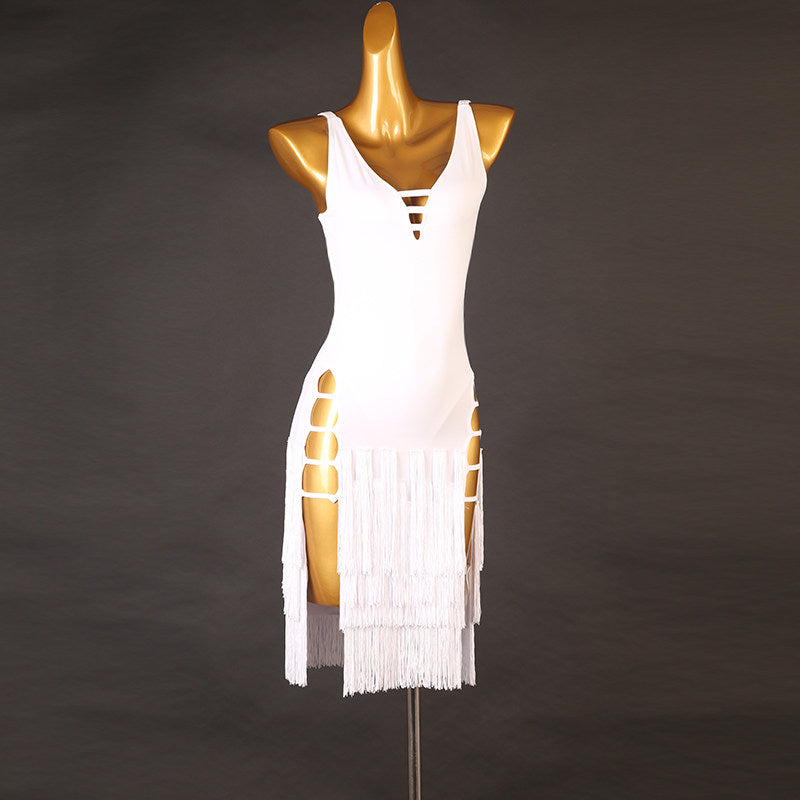 White strap cutout latin dance dress rear view with the fringe tiers