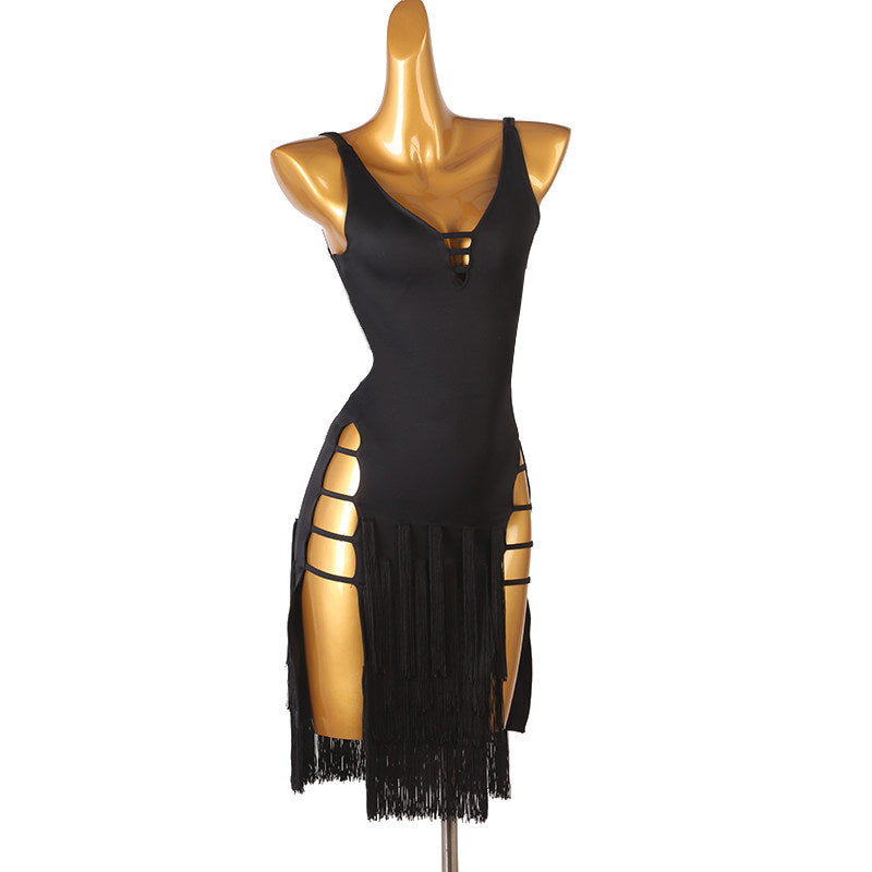 Black strap cutout latin dance dress front view showing the V neckline