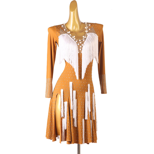 Apricot latin dance dress with pearl set neckline, white fringe and ribbon skirt