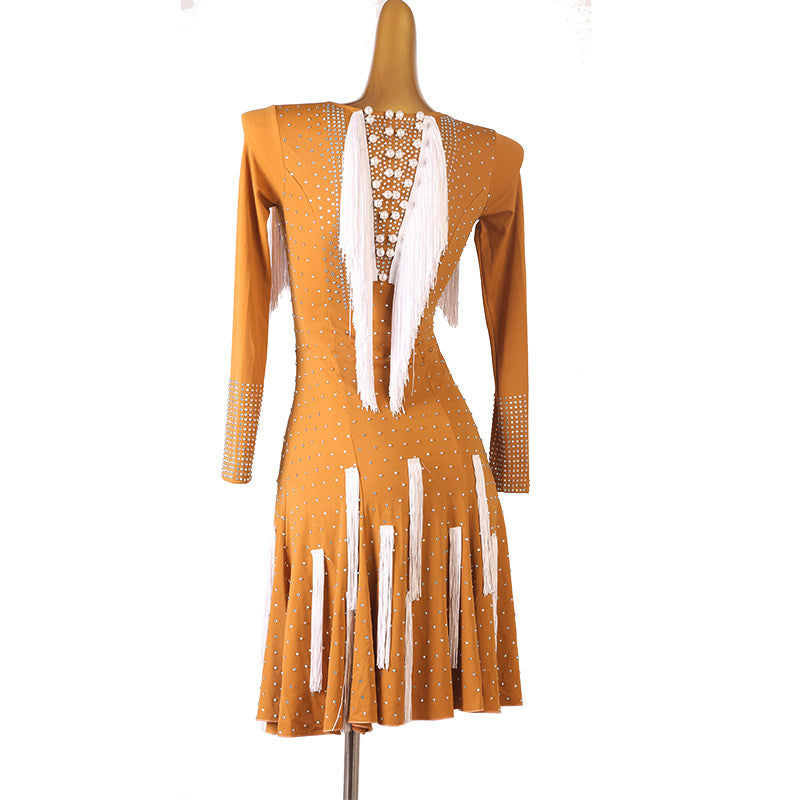 Apricot pearl fringe latin dance dress angled view showing the ribbon strips