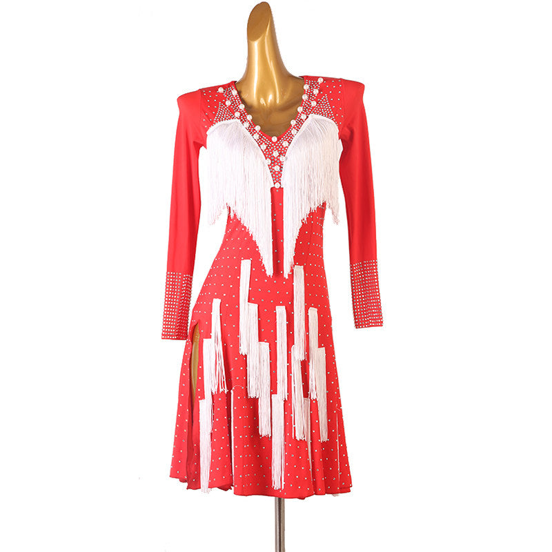 Red latin dance dress with white fringe panel and ribbon cut skirt