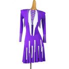 Purple latin dance dress with pearl neckline and white fringe panel