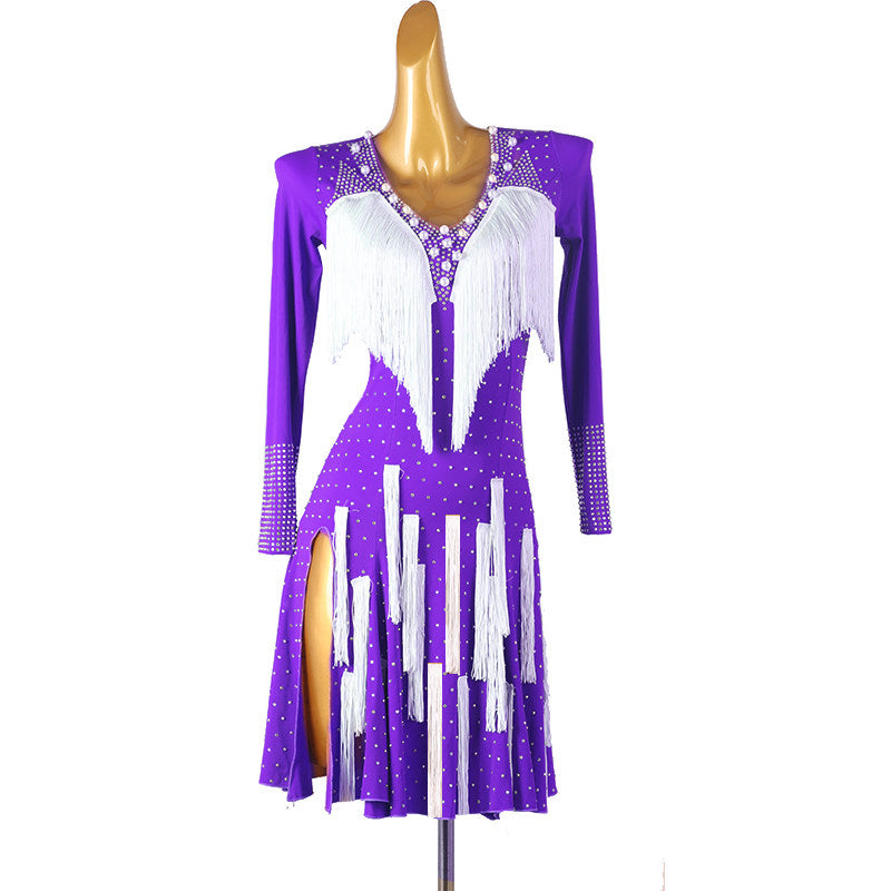 Purple pearl fringe latin dance dress front view with the ribbon skirt