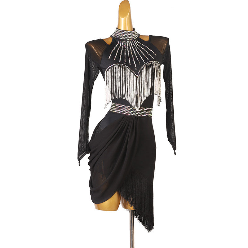 Black bead cape latin dance dress angled view with the draped wrap skirt