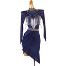 Navy latin dance dress with silver bead fringe cape and draped skirt