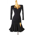 Black latin dance dress with crossed strap sweetheart neckline and fluted hem