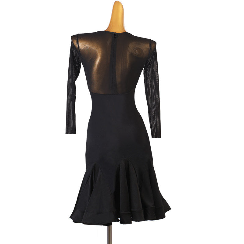 Black strap neck latin dance dress rear view showing the sheer mesh back