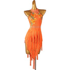 Orange latin dance dress with raised floral appliques and ribbon fringe skirt