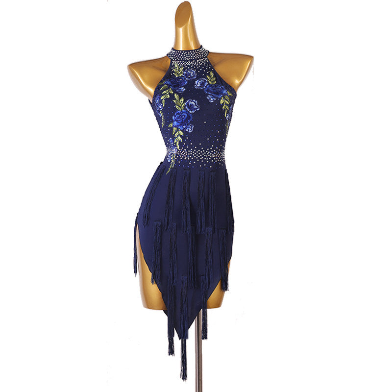 Navy latin dance dress with raised floral appliques and stoned halter collar