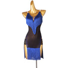 Blue latin dance dress with fringe yoke and sheer stone scattered mesh body